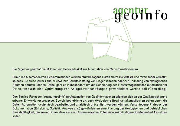 agentur geoinfo Dienstleistungen zu GIS und Webmapping, Dokumentation von Infrastruktur f&uuml;r Kanal, Strom, Gas oder Wasser, Visualisierung von Bauleitplanung und Pr&auml;sentation von Bauma&szlig;nahmen oder Planung