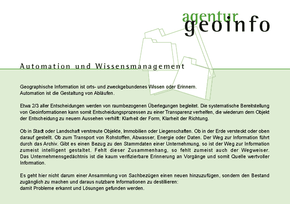 agentur geoinfo Dienstleistungen zu GIS und Webmapping, Dokumentation von Infrastruktur f&uuml;r Kanal, Strom, Gas oder Wasser, Visualisierung von Bauleitplanung und Pr&auml;sentation von Bauma&szlig;nahmen oder Planung